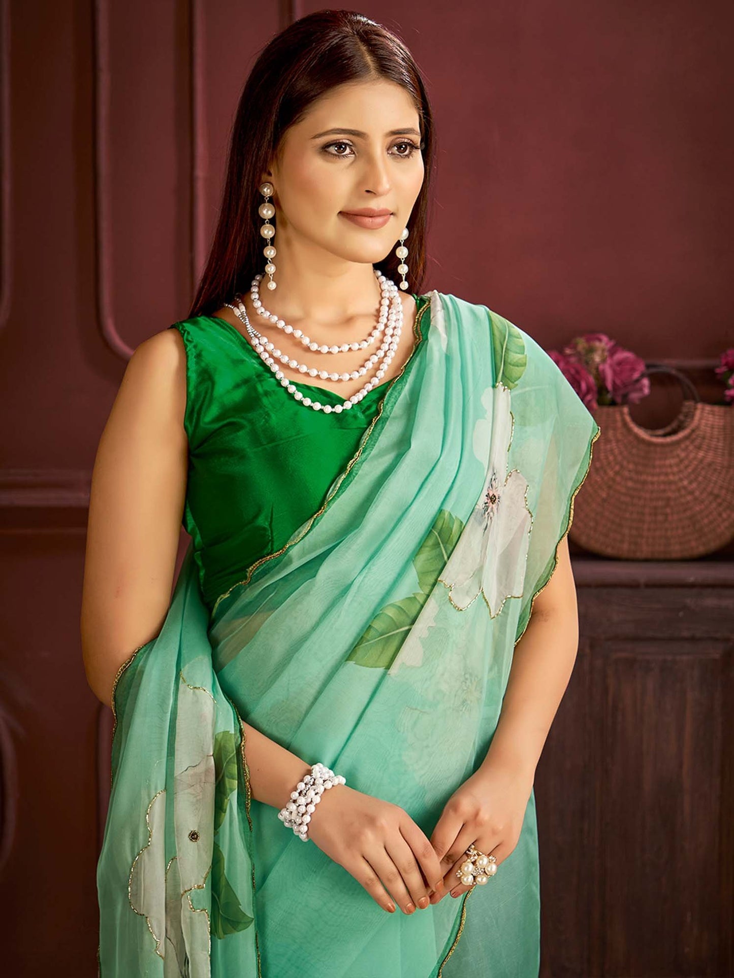 Sea Party Wear Organza Printed Saree