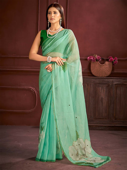 Sea Party Wear Organza Printed Saree