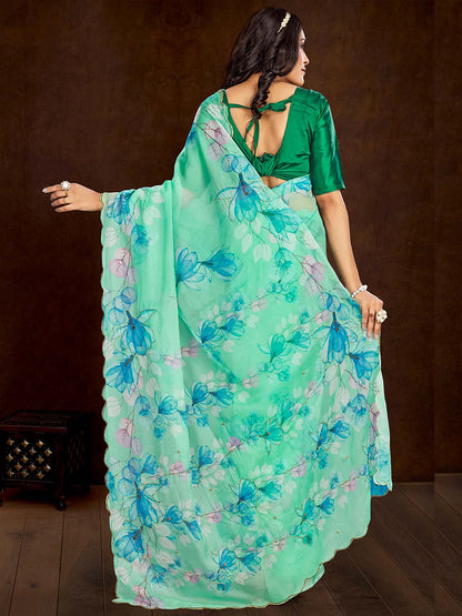 Turquoise Party Wear Organza Printed Saree