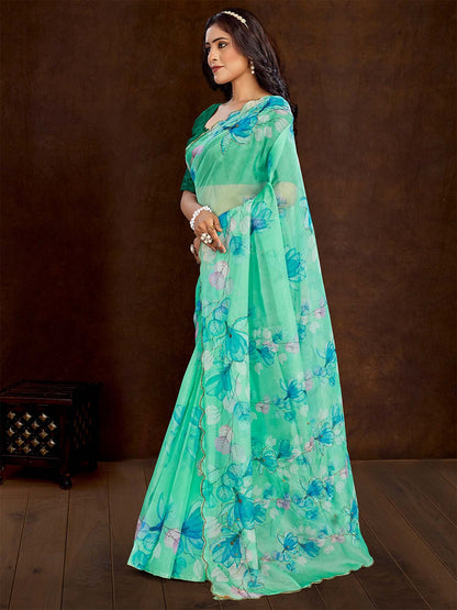 Turquoise Party Wear Organza Printed Saree