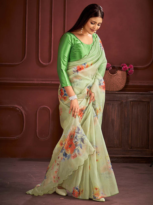 Green Light Party Wear Organza Printed Saree