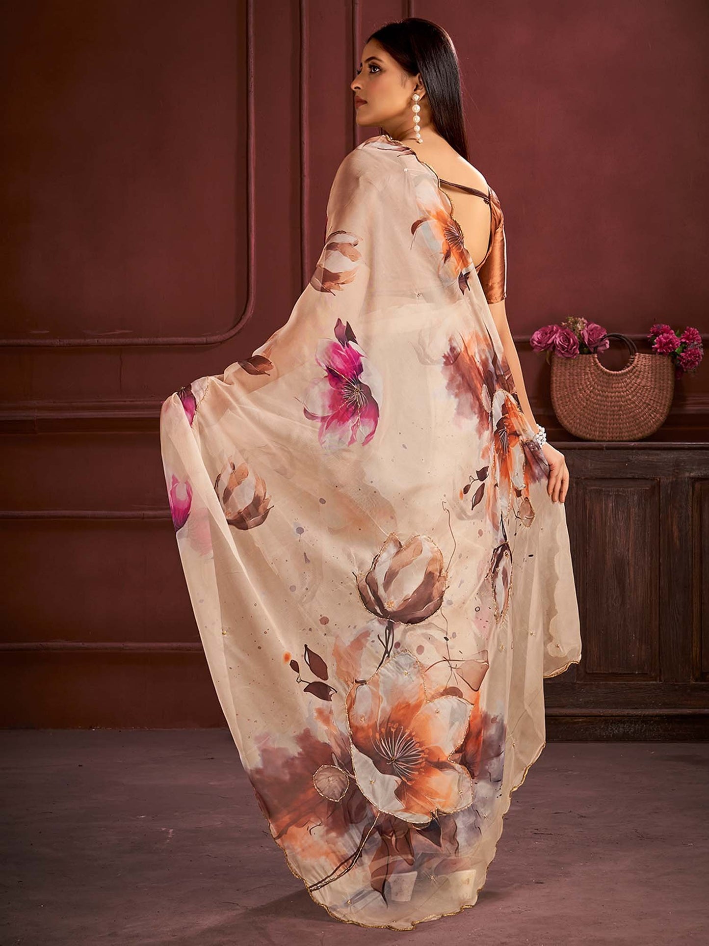 Orange Party Wear Organza Printed Saree