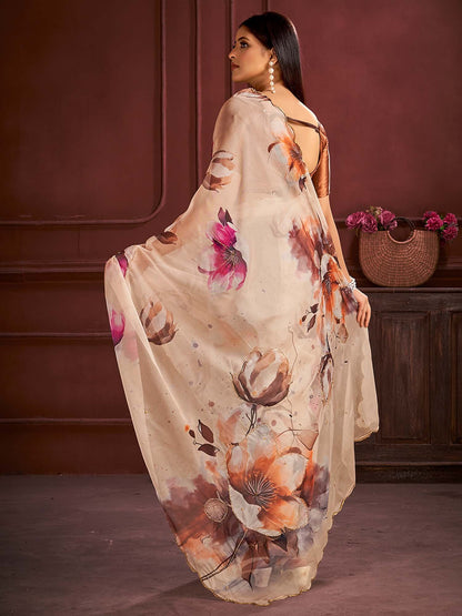 Orange Party Wear Organza Printed Saree