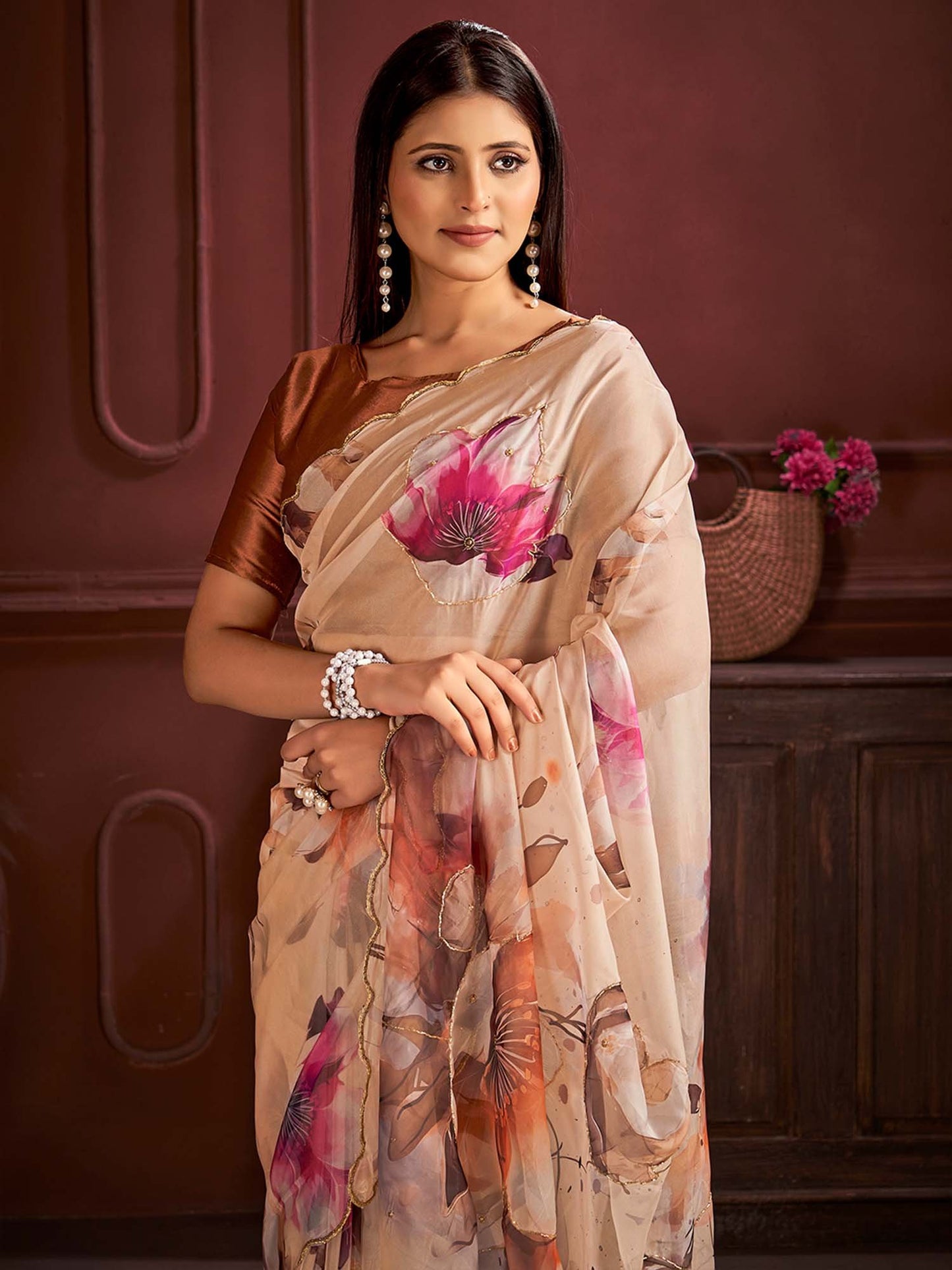 Orange Party Wear Organza Printed Saree