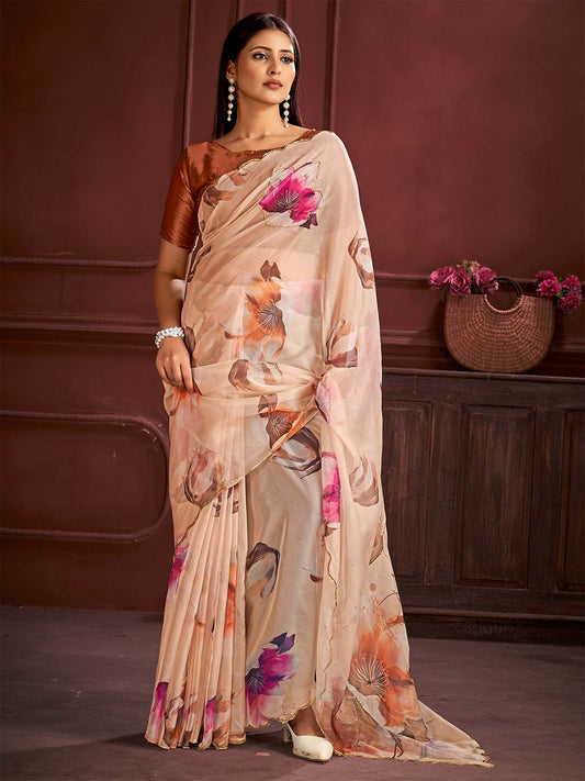 Cream Orange Party Wear Organza Printed Saree