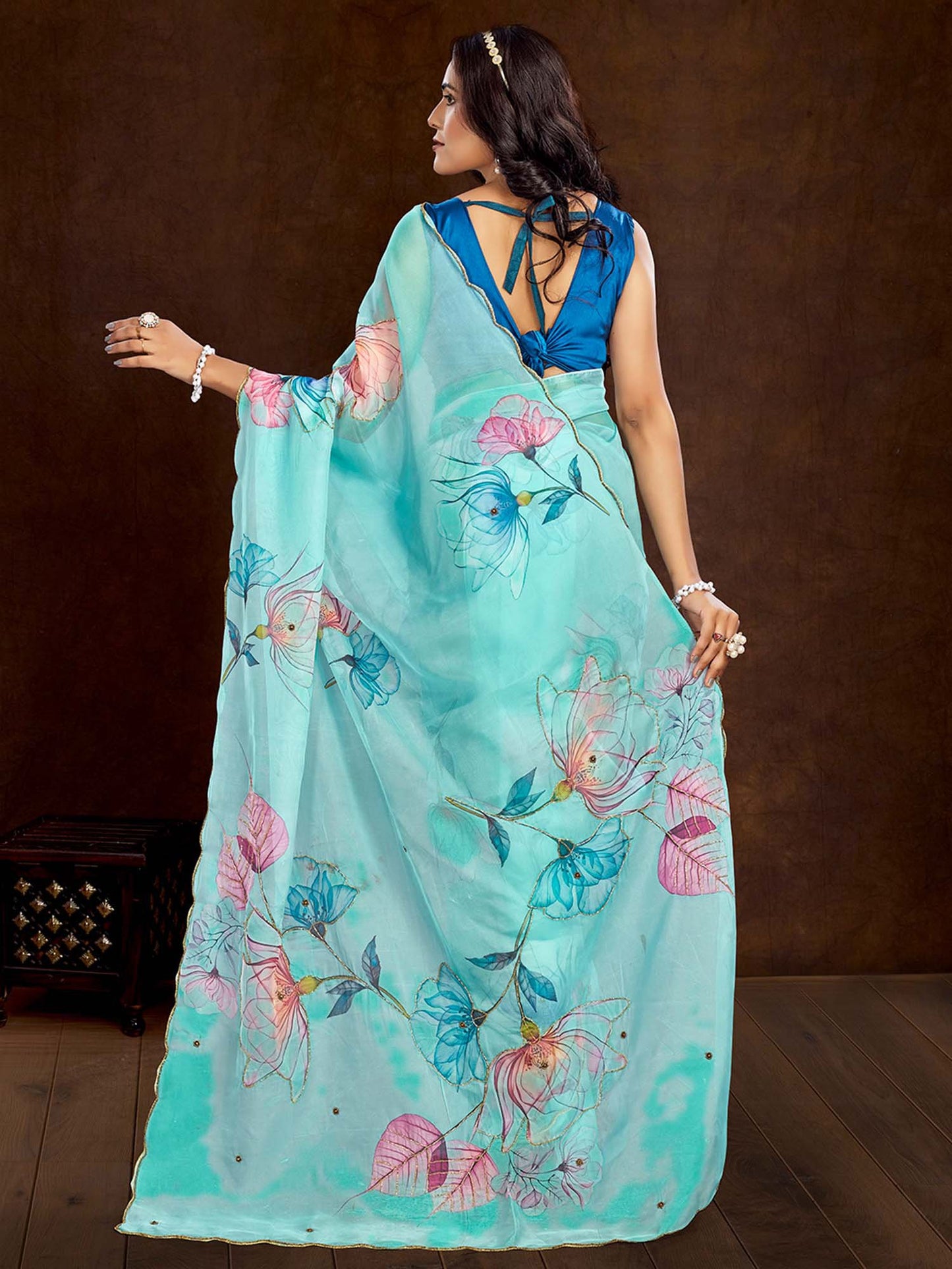 Turquoise Party Wear Organza Printed Saree