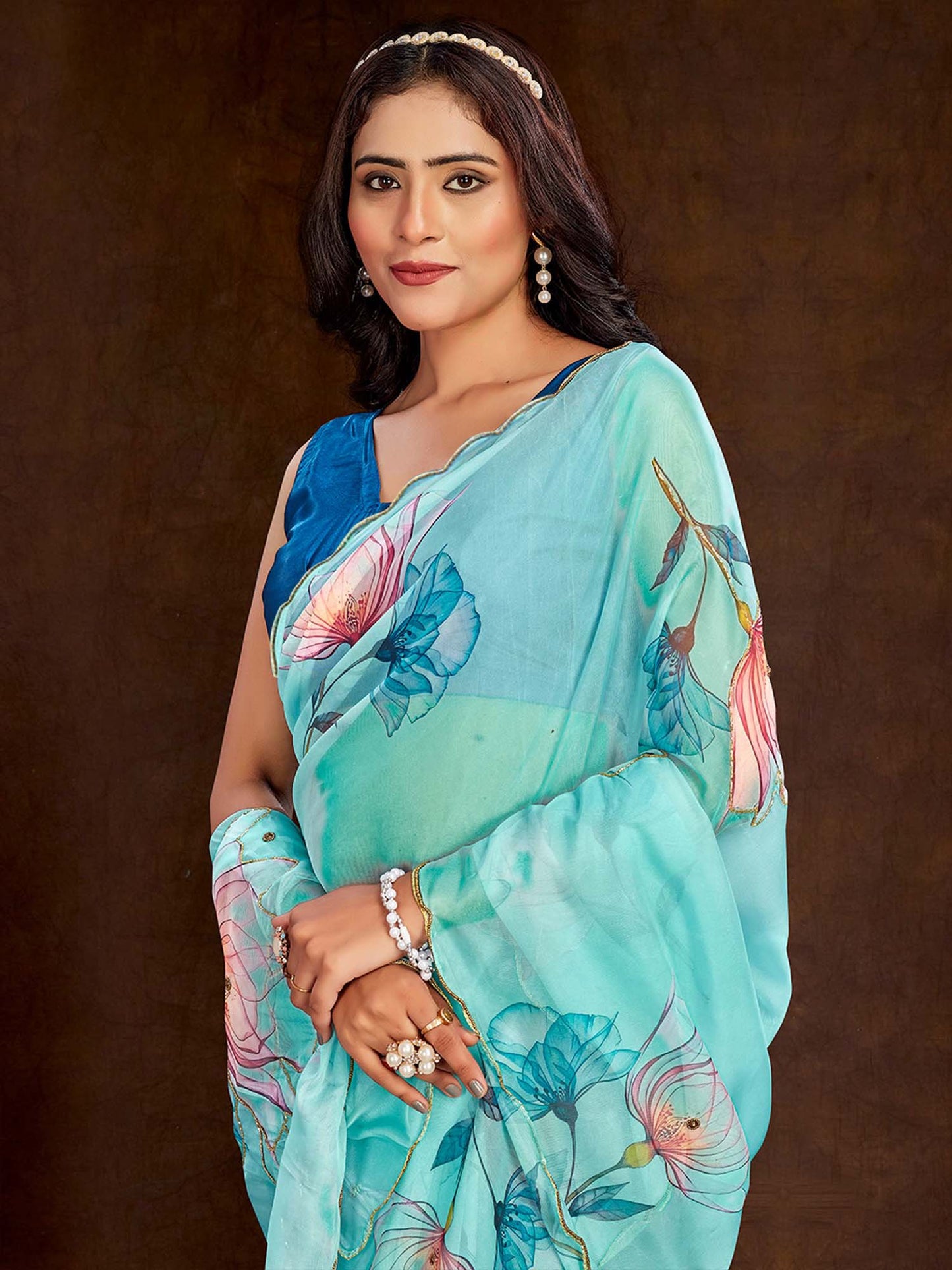 Turquoise Party Wear Organza Printed Saree