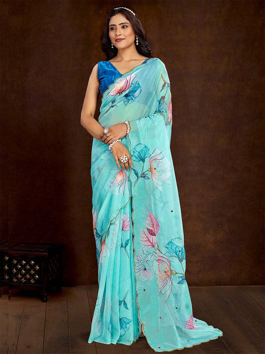 Blue Turquoise Party Wear Organza Printed Saree