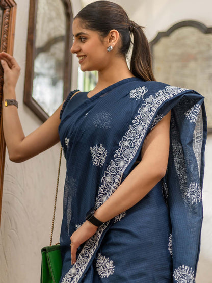 Blue Muga Cotton Blend Woven Saree