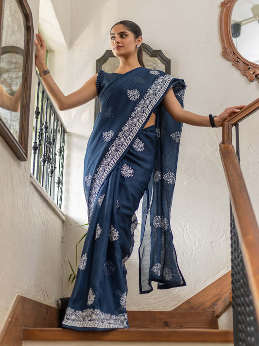 Blue Blue Muga Cotton Blend Woven Saree