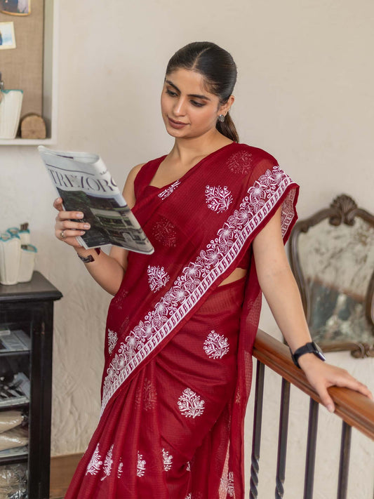 Red Red Muga Cotton Blend Woven Saree
