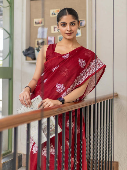 Red Muga Cotton Blend Woven Saree