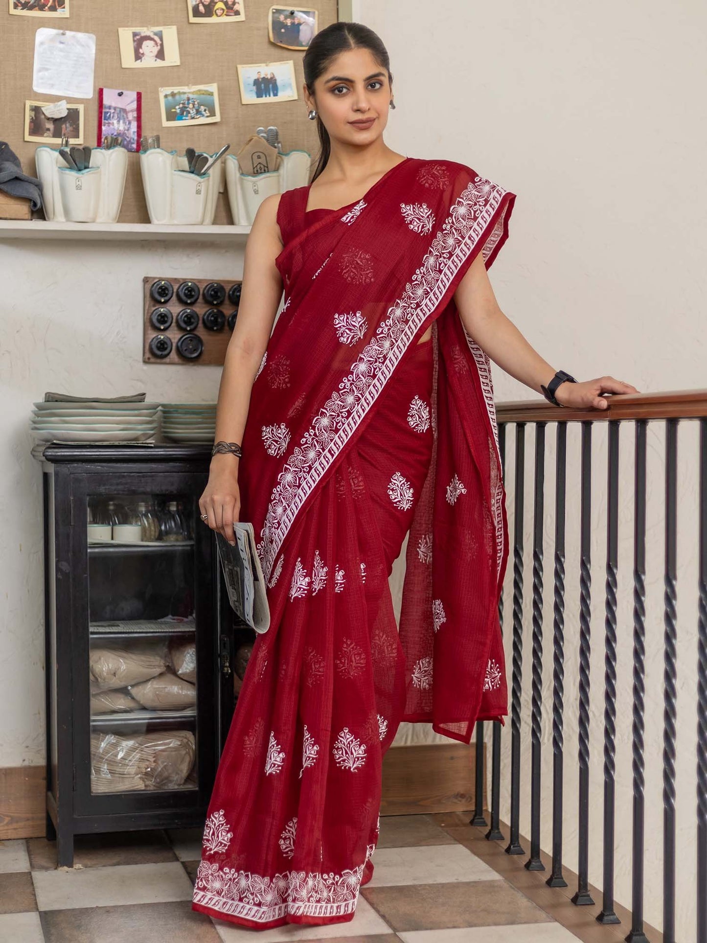 Red Muga Cotton Blend Woven Saree