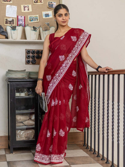 Red Muga Cotton Blend Woven Saree