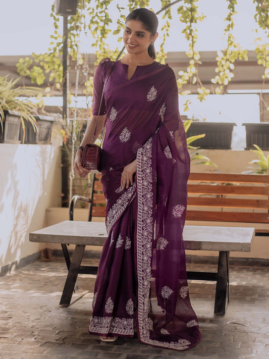 Purple Purple Muga Cotton Blend Woven Saree