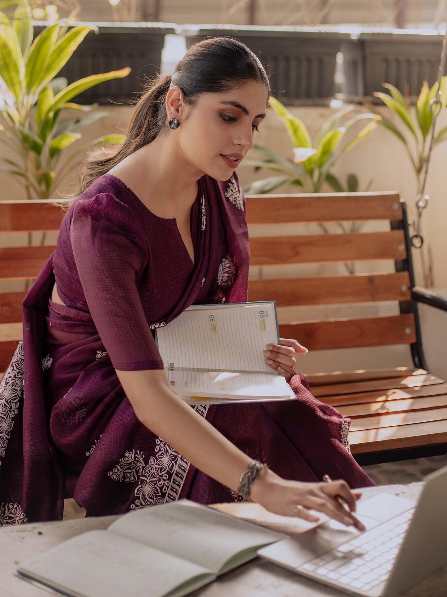 Purple Muga Cotton Blend Woven Saree