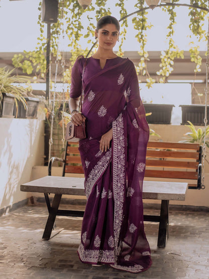 Purple Muga Cotton Blend Woven Saree