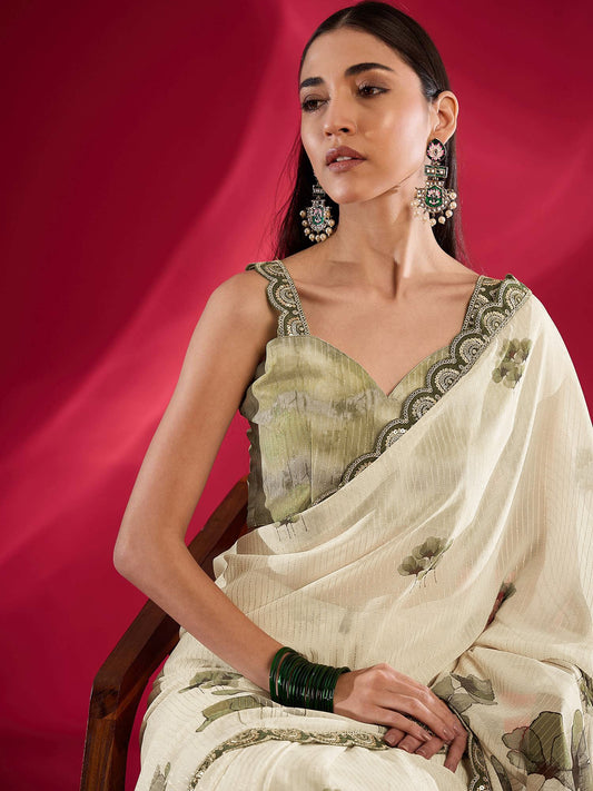 White Off Muga Georgette Zari Embroidered Saree