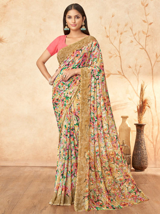 Cream Beige Sungudi Georgette Printed Saree