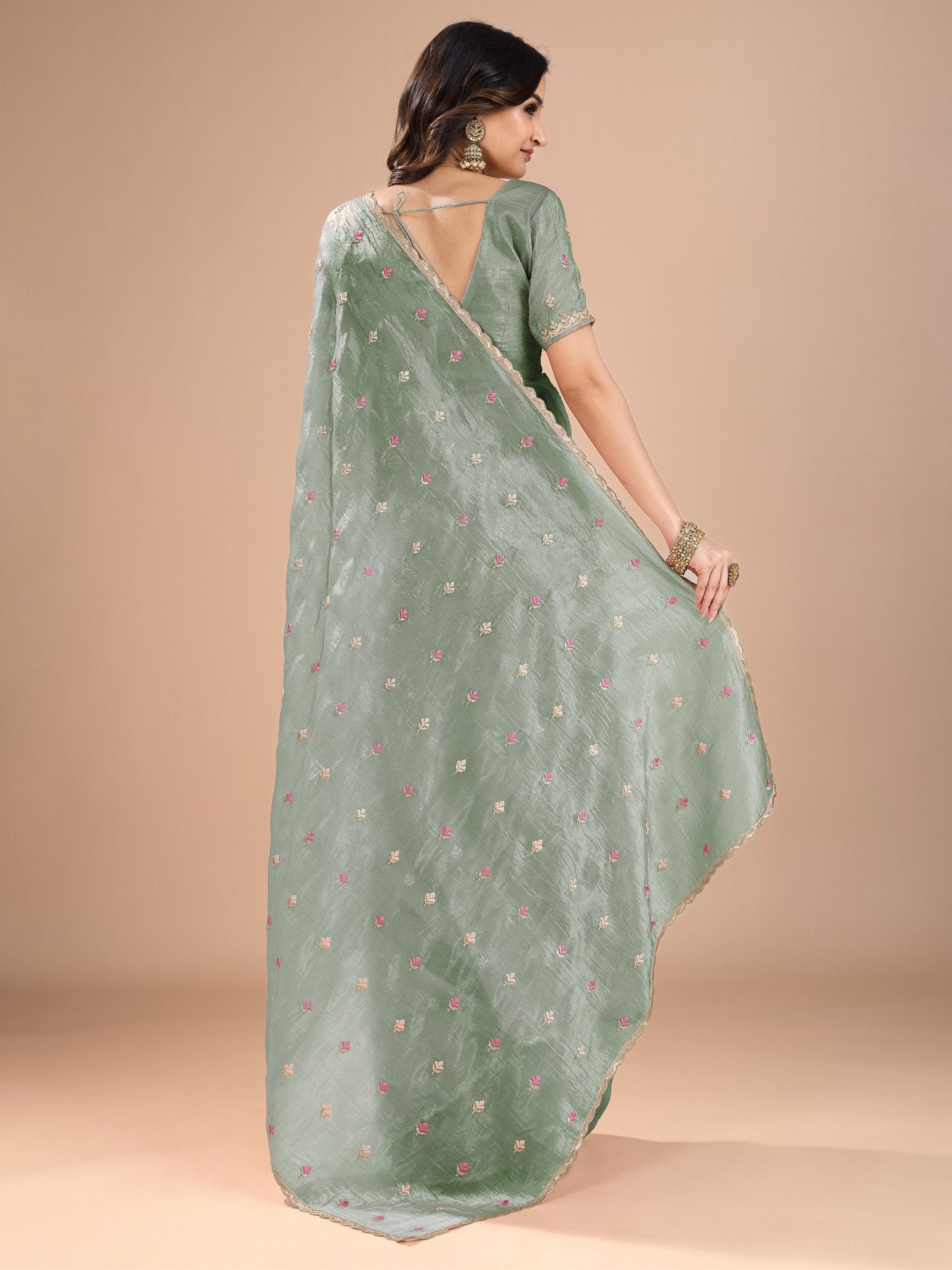 Sea Party Wear Organza Embroidered Saree