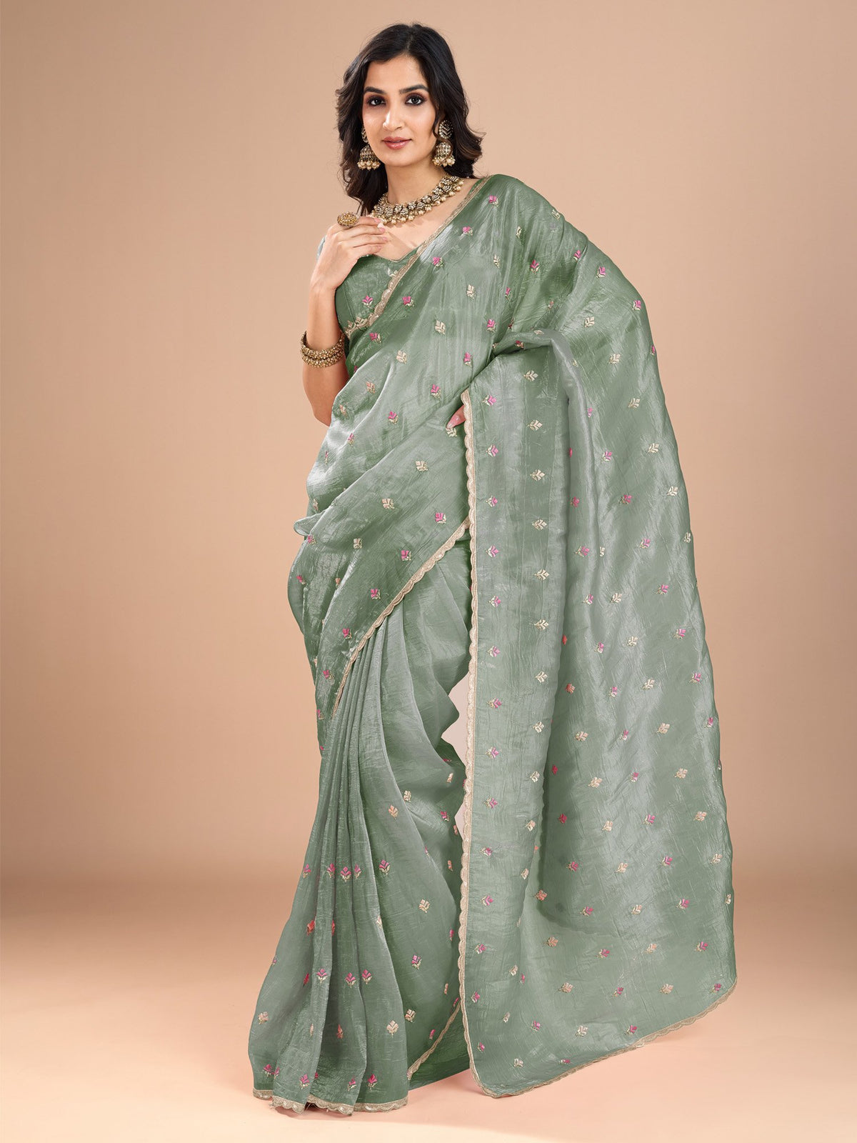 Green Sea Party Wear Organza Embroidered Saree