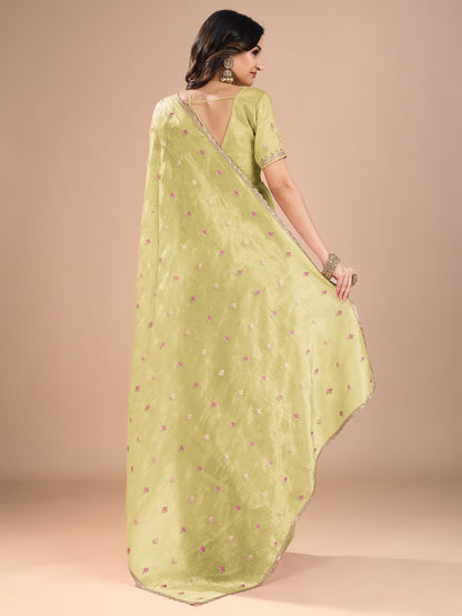 Yellow Party Wear Organza Embroidered Saree