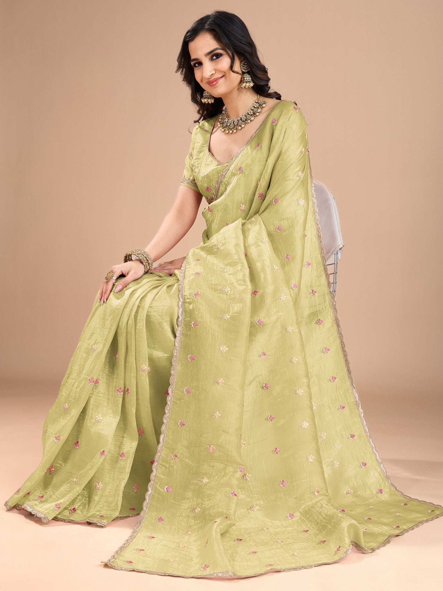 Yellow Party Wear Organza Embroidered Saree