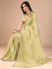 Yellow Party Wear Organza Embroidered Saree