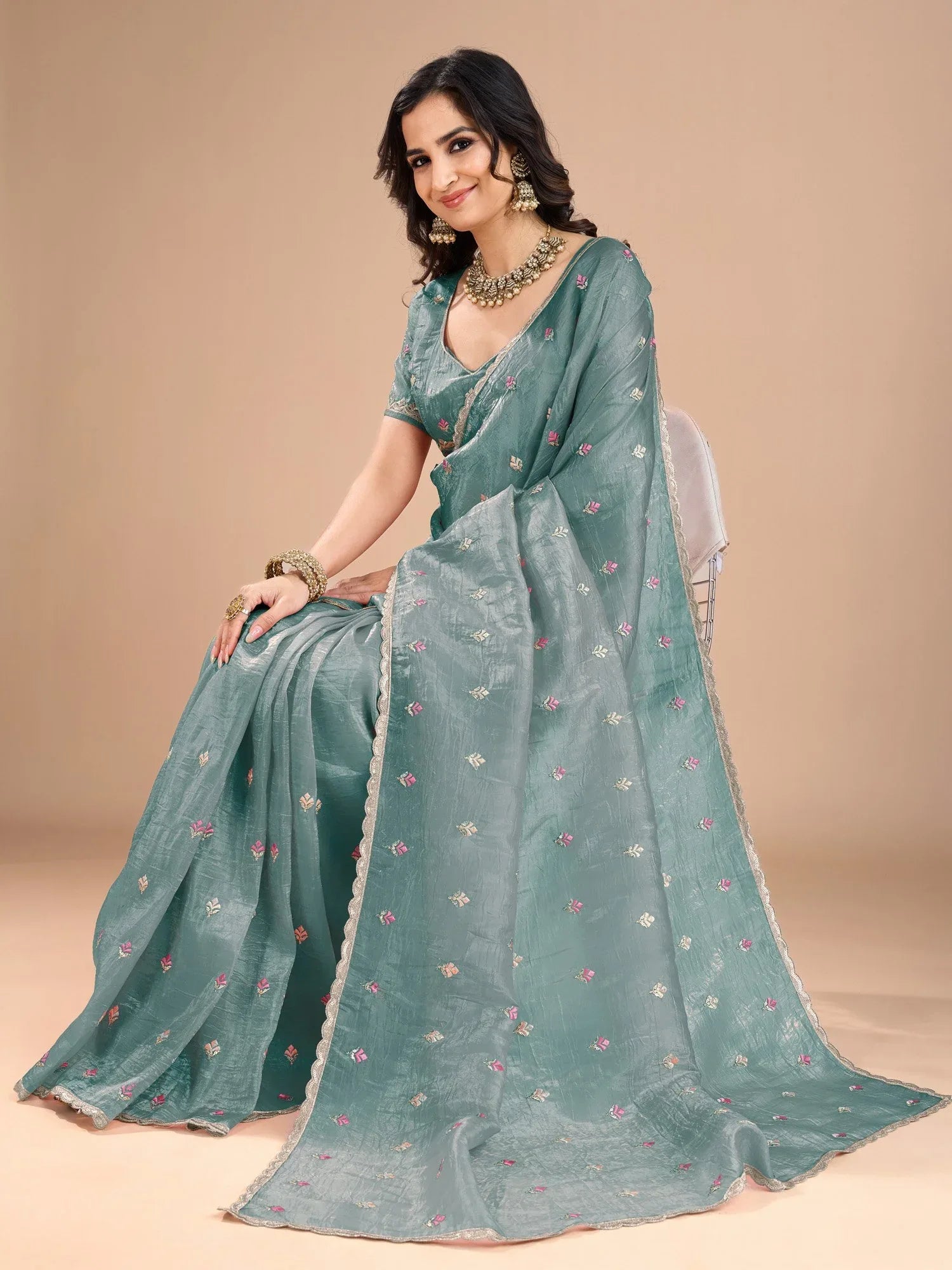 Light Party Wear Organza Embroidered Saree