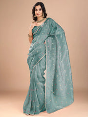Blue Light Party Wear Organza Embroidered Saree