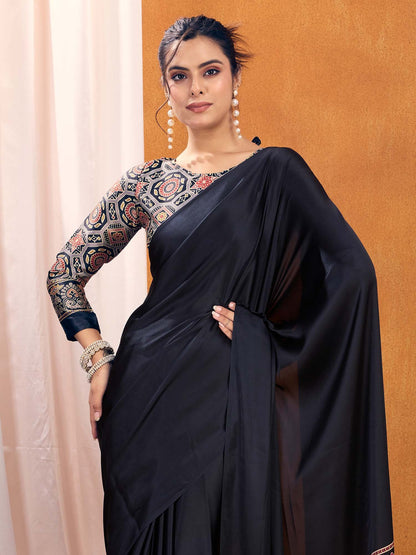 Black  Satin Silk Printed Saree