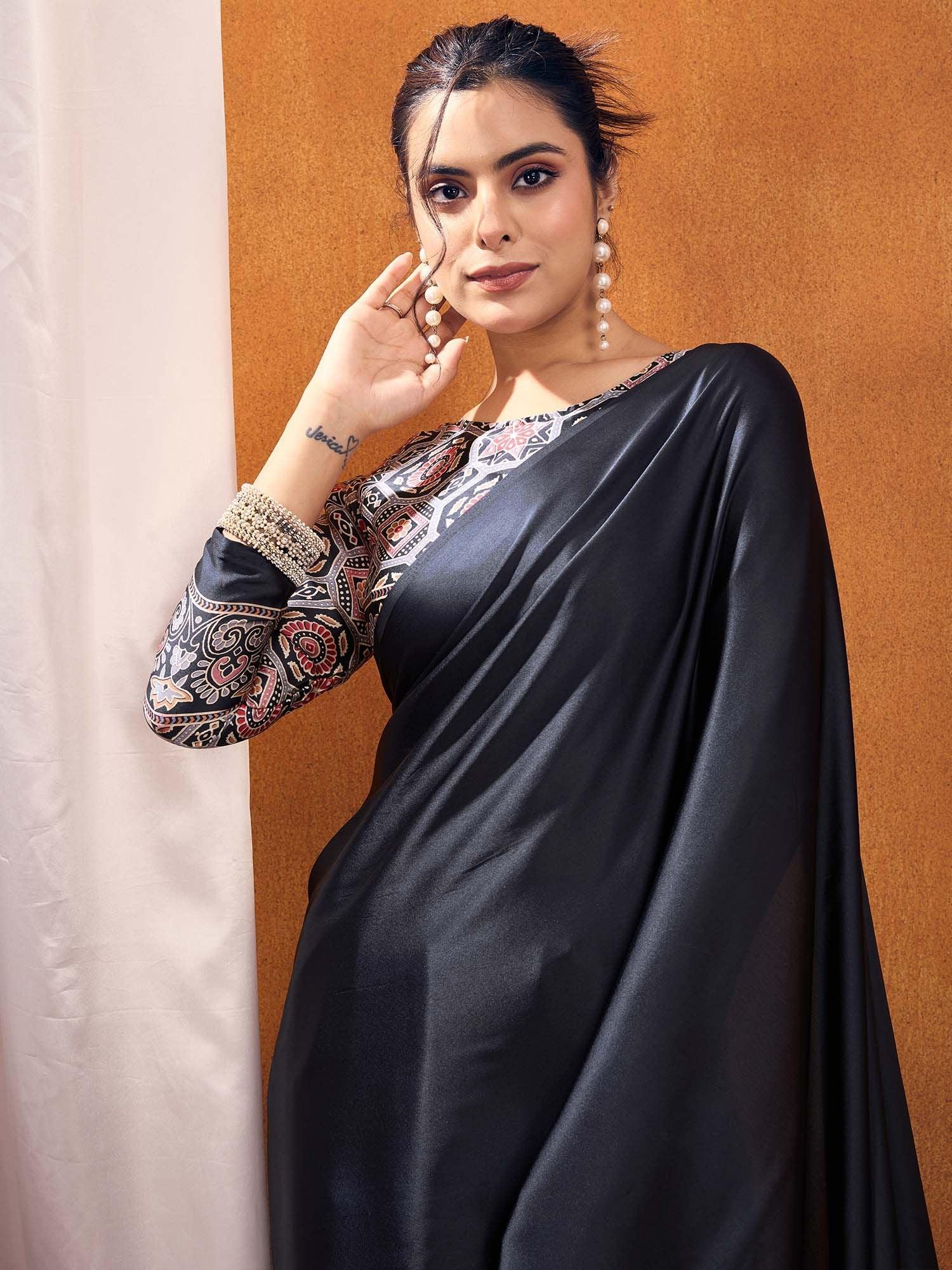Black  Satin Silk Printed Saree