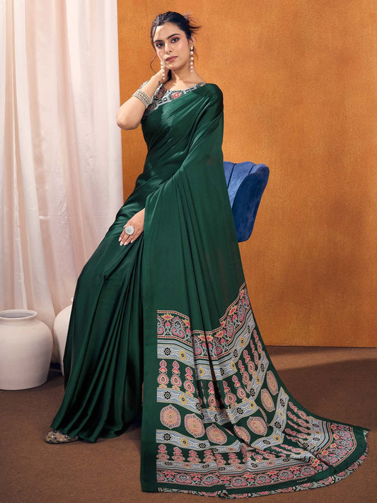 Green Green  Satin Silk Printed Saree