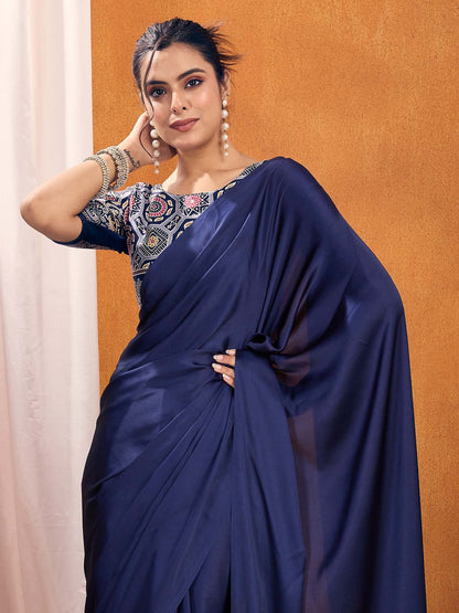 Navy  Satin Silk Printed Saree