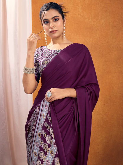 Purple  Satin Silk Printed Saree