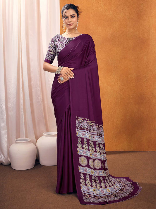 Purple Purple  Satin Silk Printed Saree