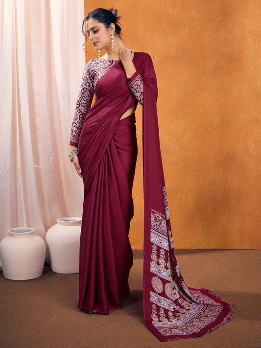 Pink Magenta  Satin Silk Printed Saree
