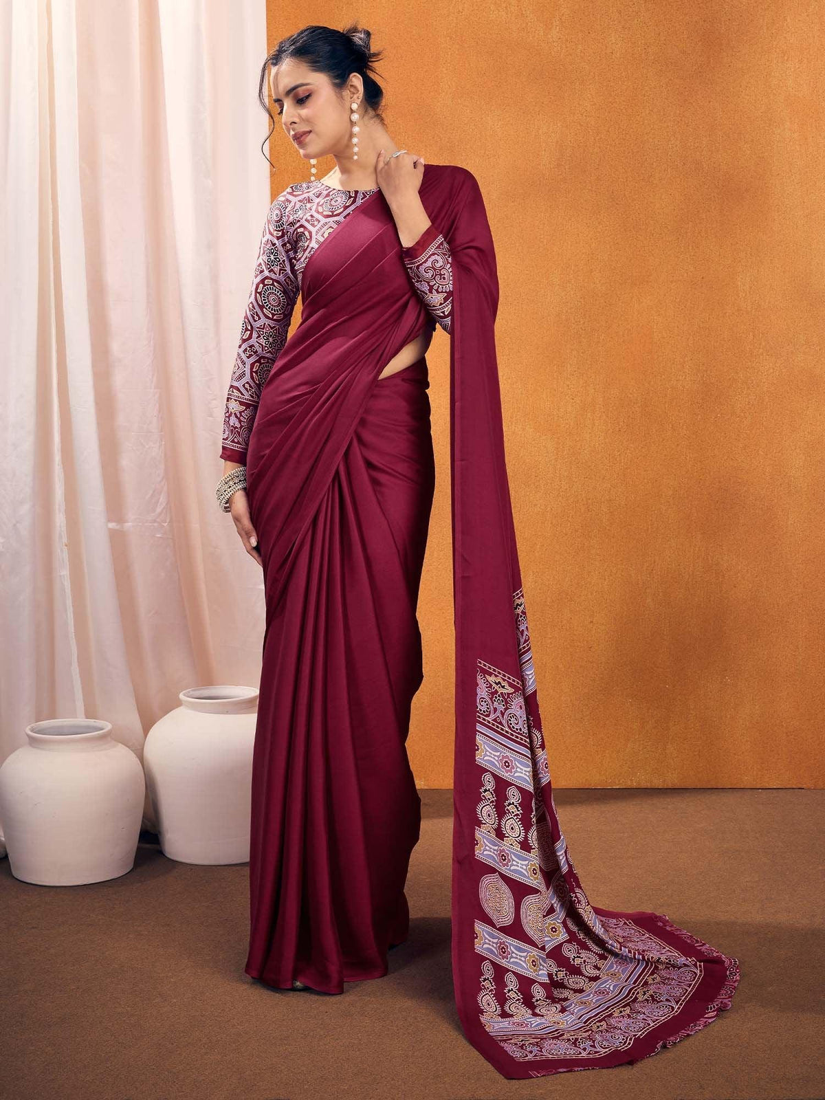 Magenta Satin Silk Printed Saree - The Dori Store