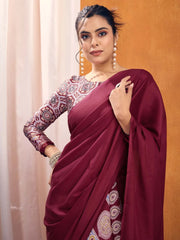 Magenta Satin Silk Printed Saree - The Dori Store
