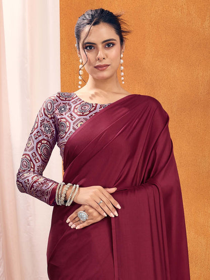 Magenta  Satin Silk Printed Saree