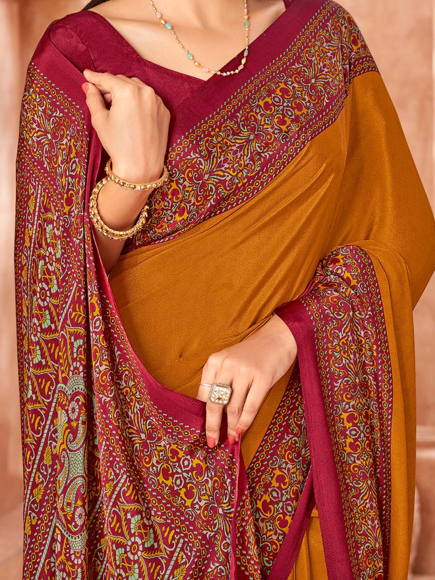 Mustard Sungudi Crepe Printed Saree