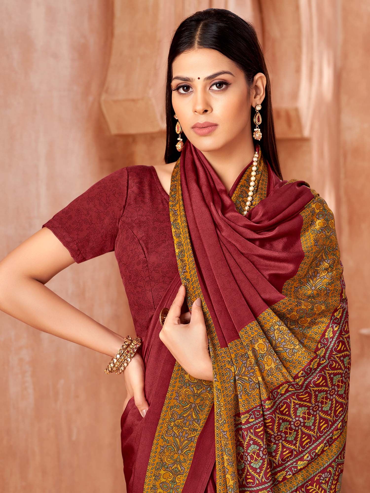 Maroon Brown Sungudi Crepe Printed Saree