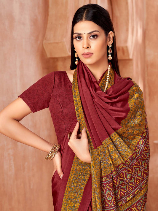 Maroon Brown Sungudi Crepe Printed Saree