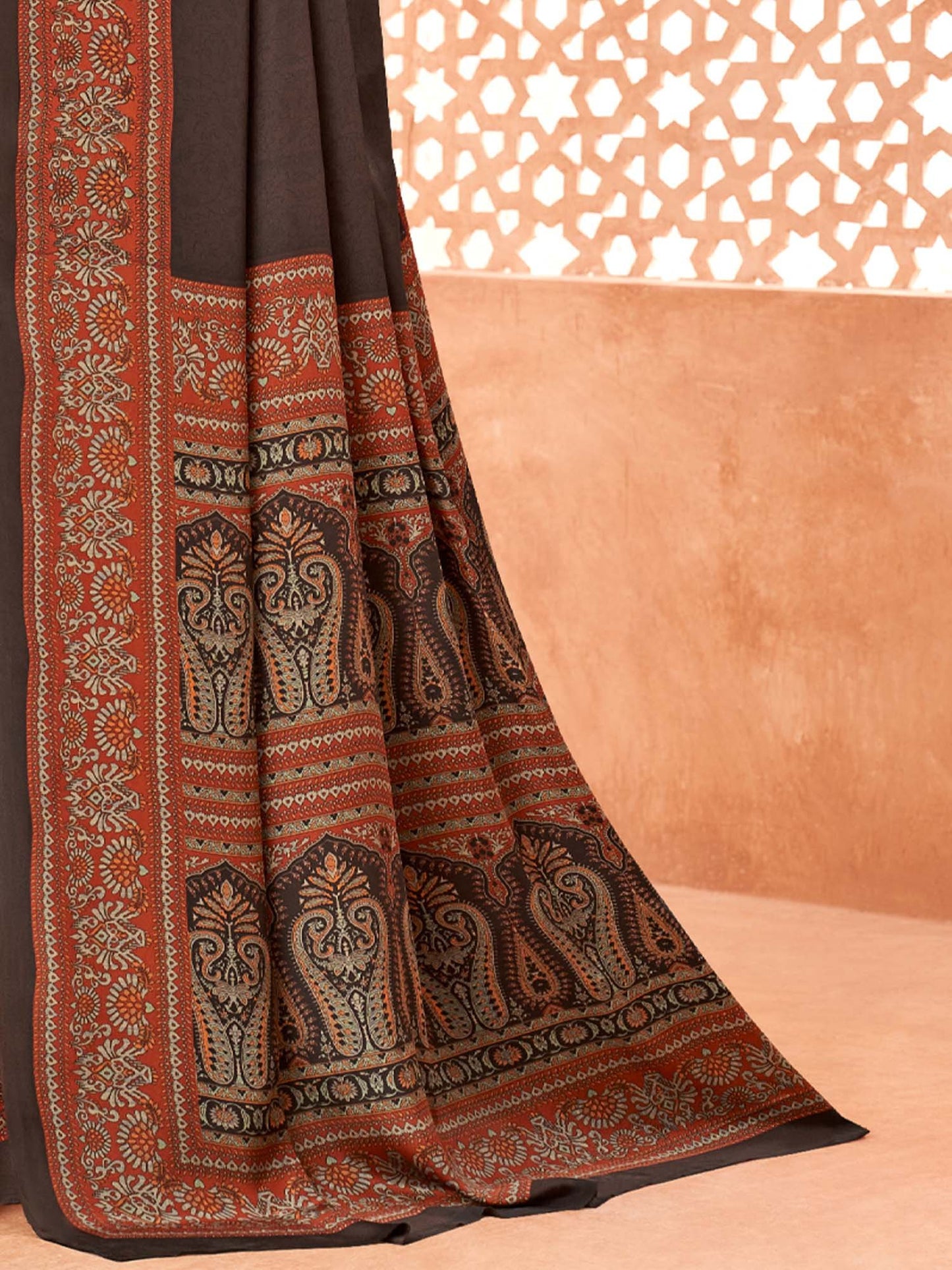 Coffee Sungudi Crepe Printed Saree
