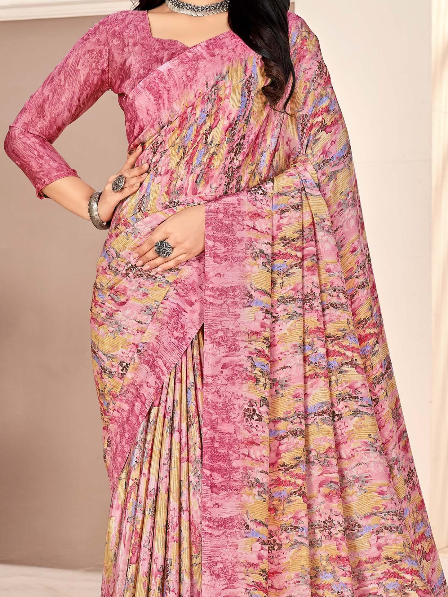 Pink Sungudi Crepe Printed Saree