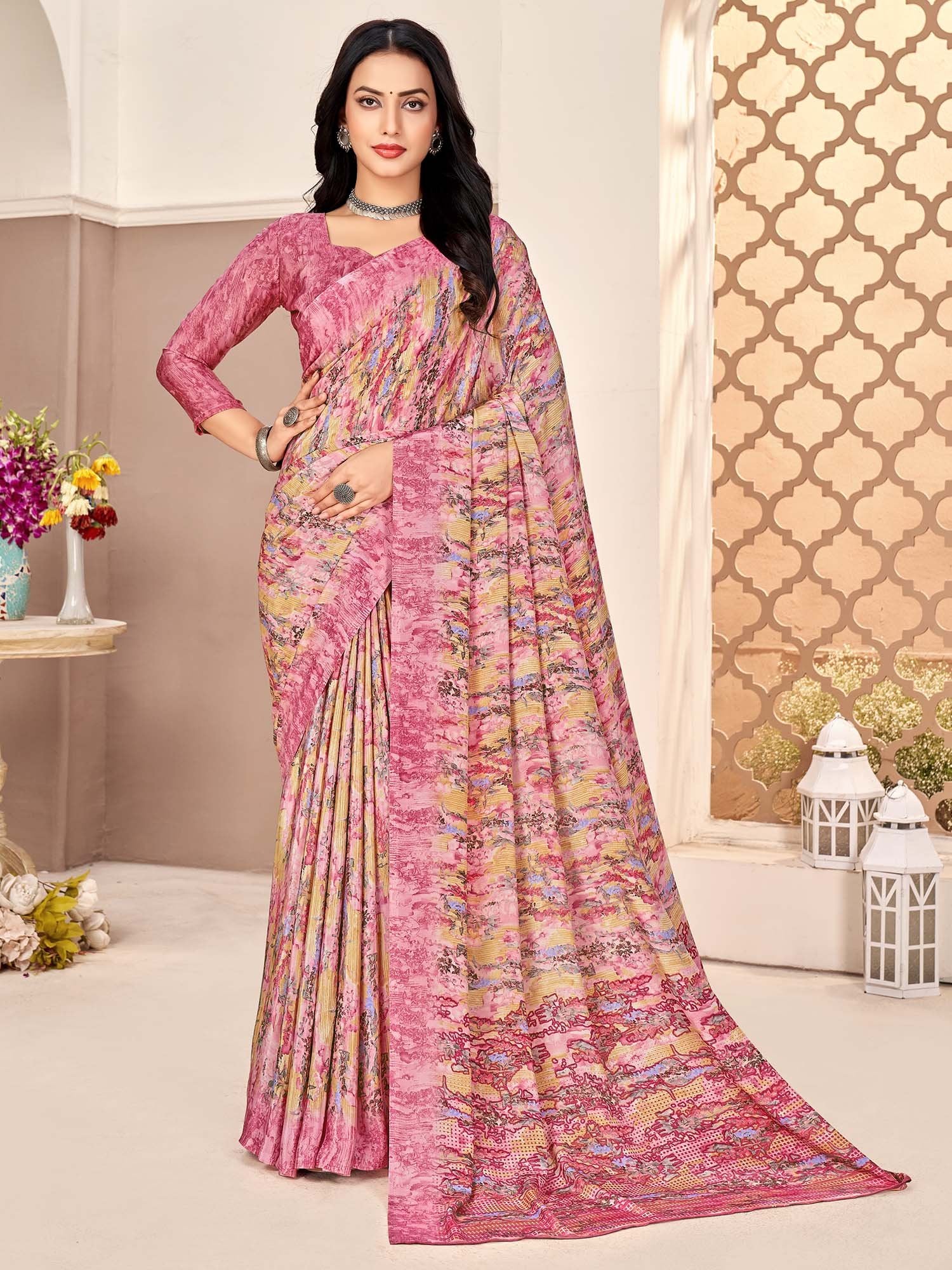 Pink Pink Sungudi Crepe Printed Saree