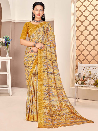 Yellow Beige Sungudi Crepe Printed Saree