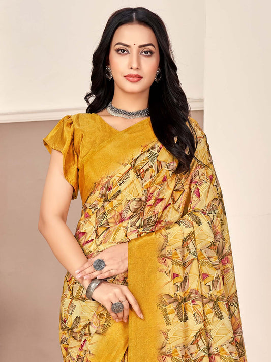 Yellow  Beige Sungudi Crepe Printed Saree