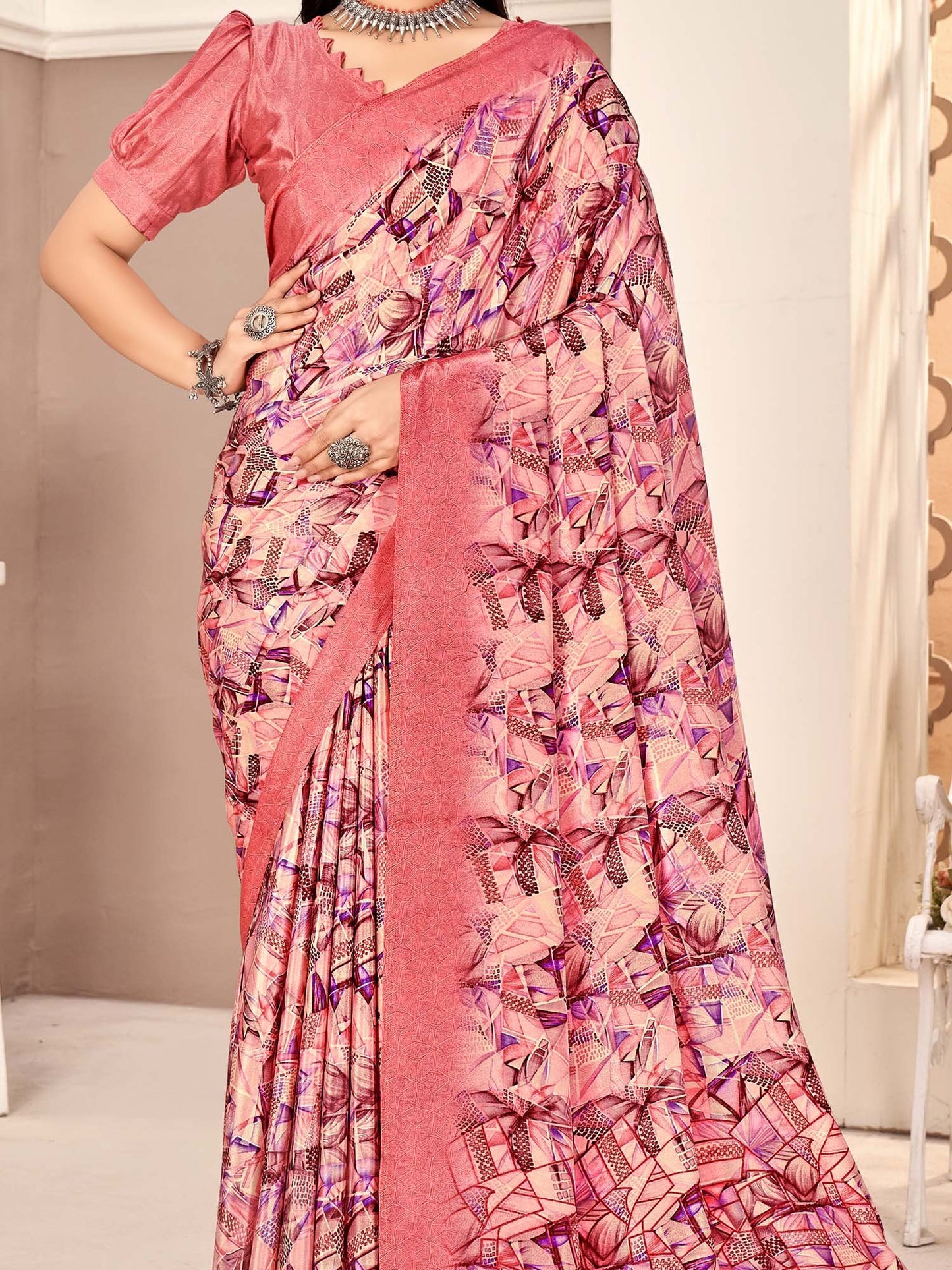 Pink Sungudi Crepe Printed Saree