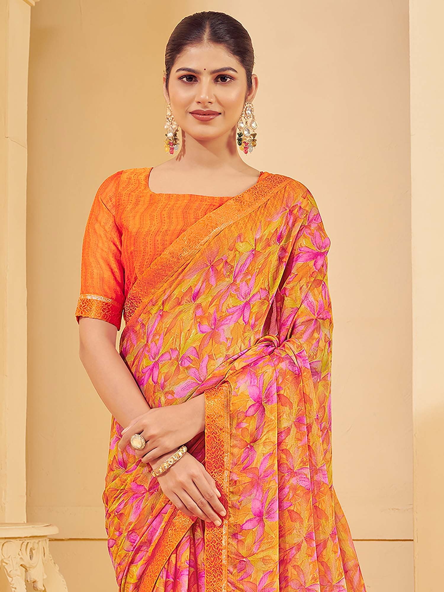 Orange Orange Sungudi Chiffon Printed Saree